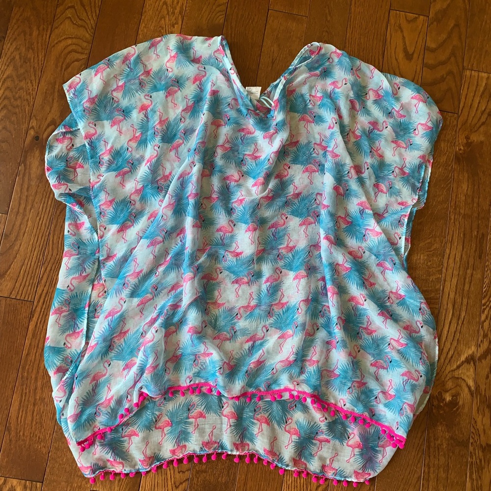 Flamingo Print Tassel Pompom Swim Coverup